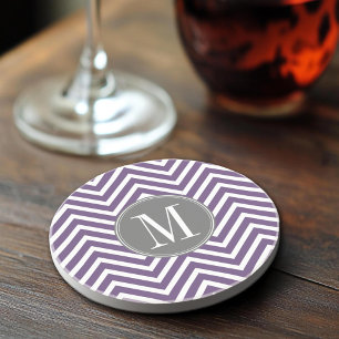 Dessous De Verre En Grès Motif pourpre et gris Chevron avec Monogram