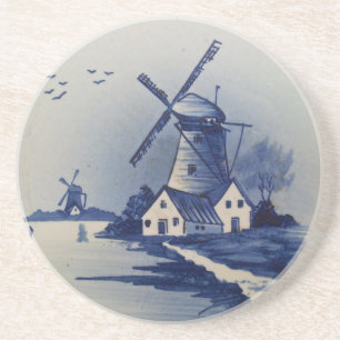 Dessous De Verre En Grès Moulin à vent bleu blanc de Delft vintage