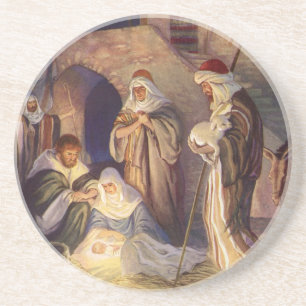 Dessous De Verre En Grès Nativité de Noël Vintage, 3 Bergers et Jésus