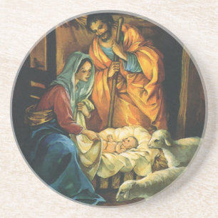 Dessous De Verre En Grès Nativité de Noël Vintage, Baby Jesus in Manger