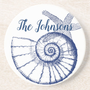 Dessous De Verre En Grès Nautilus Coquille et Starfish Marine Life Personna