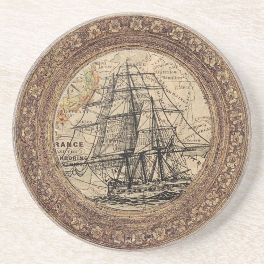 Dessous De Verre En Grès Navire Ancien et Carte (Devant)