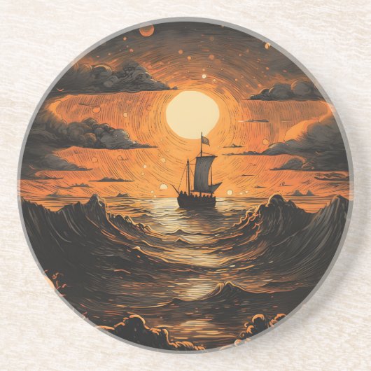 Dessous De Verre En Grès Navire naviguant la nuit (Devant)