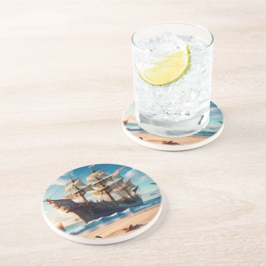 Dessous De Verre En Grès Navire pirate de plage tropicale (Côté)