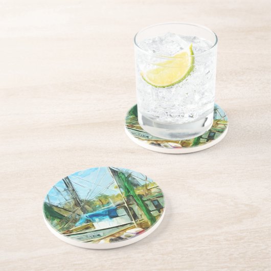 Dessous De Verre En Grès NAVIRES DE SHRIMP AQUATS IMpressionniste Abstrait. (Côté)