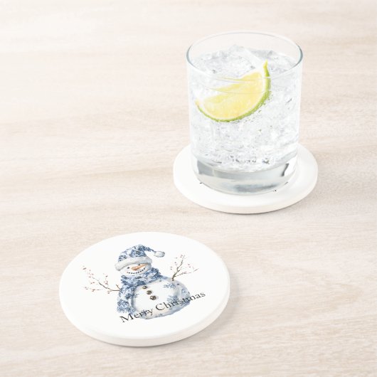 Dessous De Verre En Grès Noël Chic Bleu Blanc Snowman (Côté)