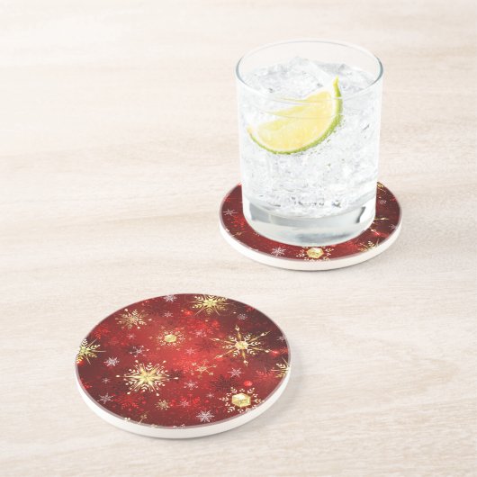 Dessous De Verre En Grès Noël Golden Snowflakes sur Arrière - plan rouge (Côté)