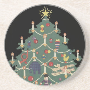 Dessous De Verre En Grès Noël vintage Enfants autour d'un arbre décoré