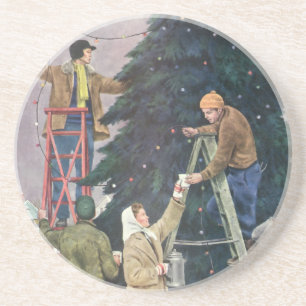 Dessous De Verre En Grès Noël vintage, famille accrochant des lumières à l'