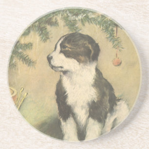 Dessous De Verre En Grès Noël vintage, joli chiot sous l'arbre de Noël
