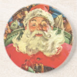 Dessous De Verre En Grès Noël vintage, le Père Noël à Sleigh avec jouets<br><div class="desc">Illustration vintage Joyeuse image de Noël avec un joyeux Père Noël volant son traîneau avec un sac plein de jeux,  jouets et poupées. Vous pouvez voir Père Noël une longue barbe blanche souffler au vent !</div>