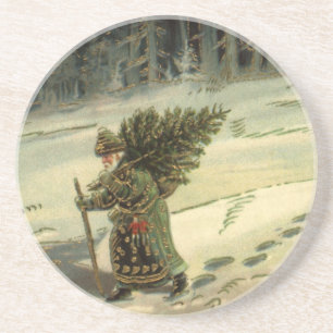 Dessous De Verre En Grès Noël vintage, le Père Noël porte un arbre