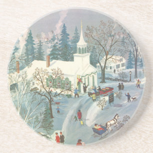 Dessous De Verre En Grès Noël vintage, Les gens vont à l'église en neige