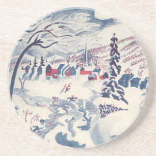 Dessous De Verre En Grès Noël vintage, paysage hivernal de village enneigé