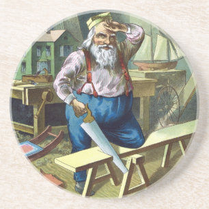 Dessous De Verre En Grès Noël vintage, Père Noël construisant des jouets à 