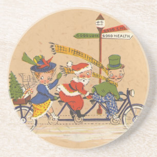 Dessous De Verre En Grès Noël vintage, Père Noël victorien à vélo