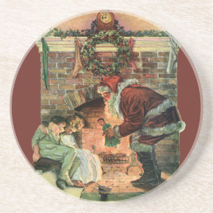 Dessous De Verre En Grès Noël Vintage, Père Noël Victorien Enfants