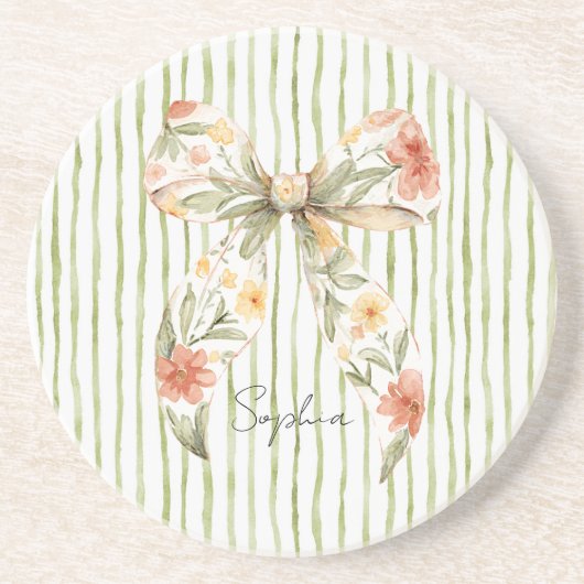 Dessous De Verre En Grès Nœud floral à rayures vertes (Devant)
