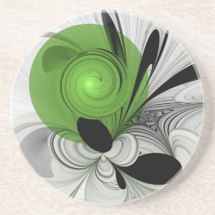 Dessous De Verre En Grès Noir Abstrait et blanc avec art fractal vert