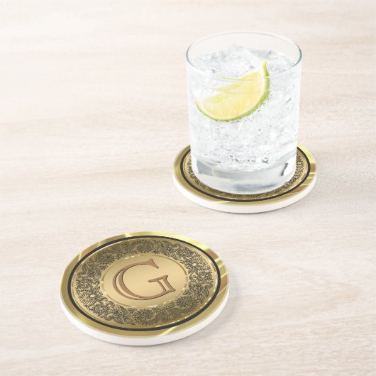 Dessous De Verre En Grès Noir Et GoldCircle Floral Design Monogramme (Côté)