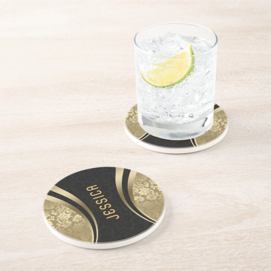 Dessous De Verre En Grès Noir et or damas formes géométriques monogramme (Côté)
