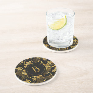 Dessous De Verre En Grès Noir et or feuilles tropicaux et fleurs motif