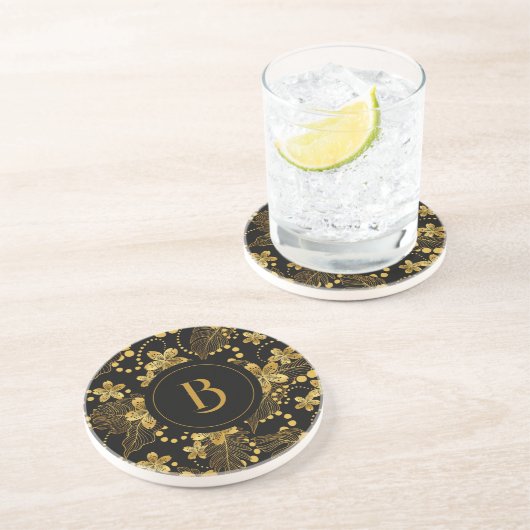 Dessous De Verre En Grès Noir et or feuilles tropicaux et fleurs motif (Côté)
