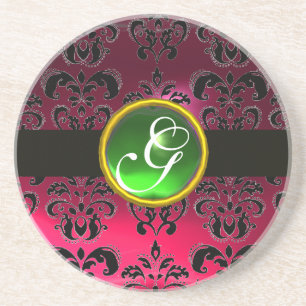 Dessous De Verre En Grès NOIR ET ROSE DAMASK Vert Émeraude Monogramme