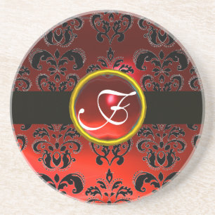 Dessous De Verre En Grès NOIR ET ROUGE DAMASSÉ RUBIS Monogramme