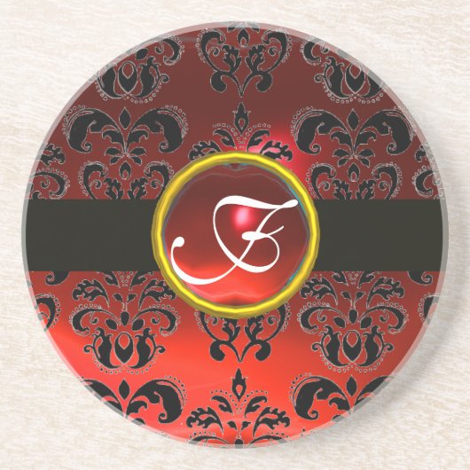 Dessous De Verre En Grès NOIR ET ROUGE DAMASSÉ RUBIS Monogramme (Devant)