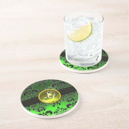 Dessous De Verre En Grès NOIR ET VERT DAMASK Yellow Topaz Monogramme (Côté)
