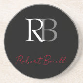 Dessous De Verre En Grès Noir moderne Noir Monogramme Initiales Nom (Devant)