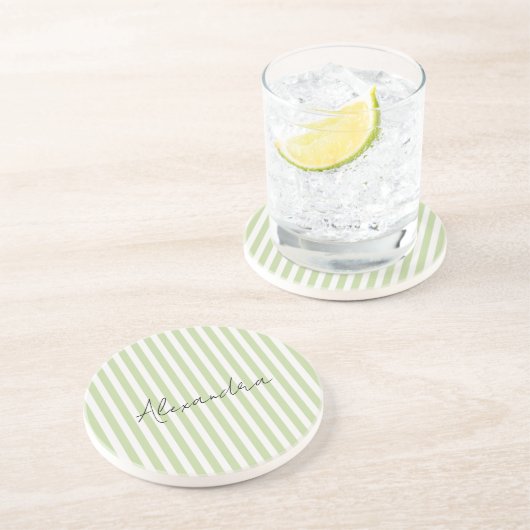 Dessous De Verre En Grès Nom aux Rayures Vertes et Blanches (Côté)