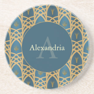 Dessous De Verre En Grès Nom personnalisé & Art Déco Monogramme Sarcelle &