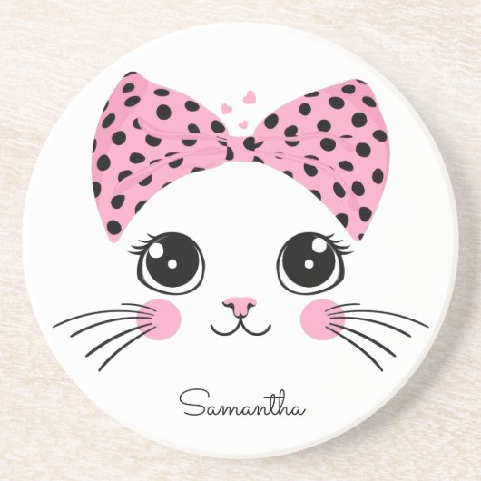 Dessous De Verre En Grès Nom personnalisé Cute face de chat (Devant)