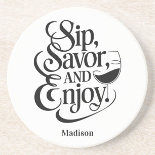 Dessous De Verre En Grès Nom Personnalisé Sip, Savourer, Savourer Du Vin