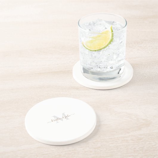 Dessous De Verre En Grès Noms Monogramme & Script Or et Gris Rond (Côté)