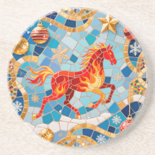 Dessous De Verre En Grès Nouvel An 2026 Motif de Noël du Cheval Rouge Fiery