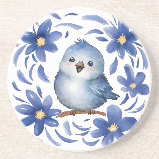 Dessous De Verre En Grès Oiseau bleu avec des fleurs (Devant)