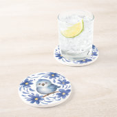 Dessous De Verre En Grès Oiseau bleu avec des fleurs (Côté)