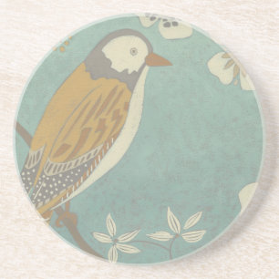 Dessous De Verre En Grès Oiseau jaune, gris et beige perché sur une branche