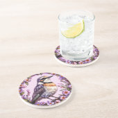 Dessous De Verre En Grès 🐦 Oiseau sur fond floral lilas 🐦 (Côté)