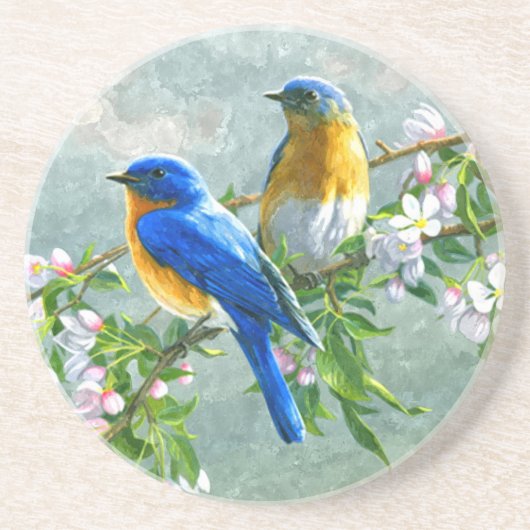 Dessous De Verre En Grès Oiseaux bleus jaunes Cerisier Fleur Arbre Peinture (Devant)