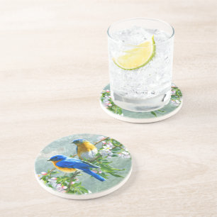 Dessous De Verre En Grès Oiseaux bleus jaunes Cerisier Fleur Arbre Peinture