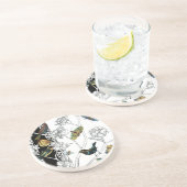 Dessous De Verre En Grès Oiseaux et papillons sur un Arrière - plan noir et (Côté)