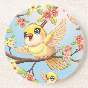 Dessous De Verre En Grès Oiseaux mignons et heureux parmi les fleurs du pri