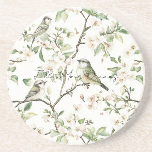 Dessous De Verre En Grès Oiseaux verts fleurs blanches arbre