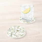 Dessous De Verre En Grès Oiseaux verts fleurs blanches arbre (Côté)