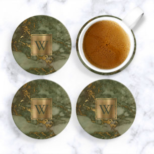 Dessous De Verre En Grès Olive Green Faux Marbre Or Monogramme