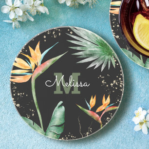 Dessous De Verre En Grès Or Monogramme Floral Foliage Tropical Or Noir Scri